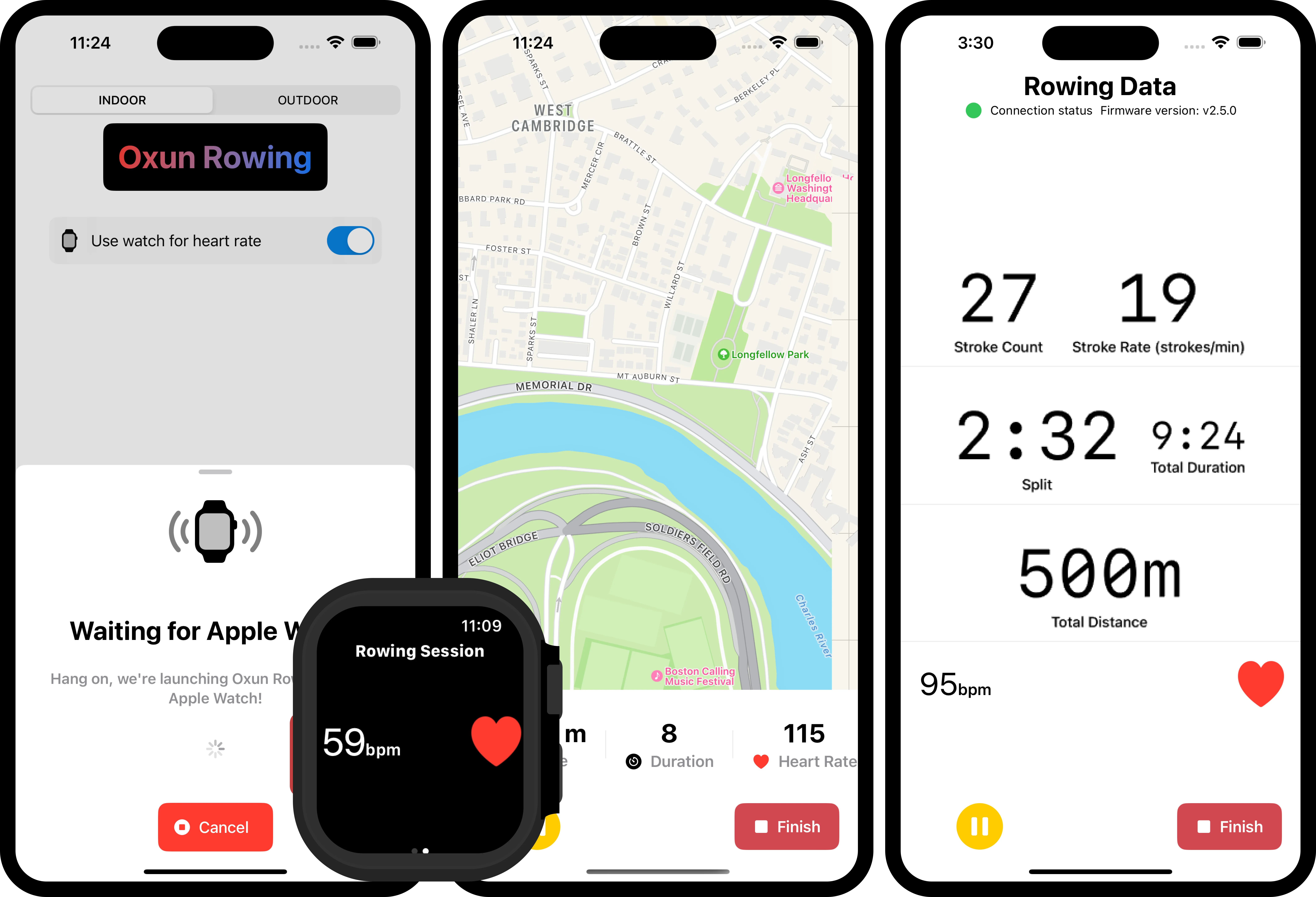 An image showing 3 rowing screens for recording your heart rate while rowing in the oxun rowing app