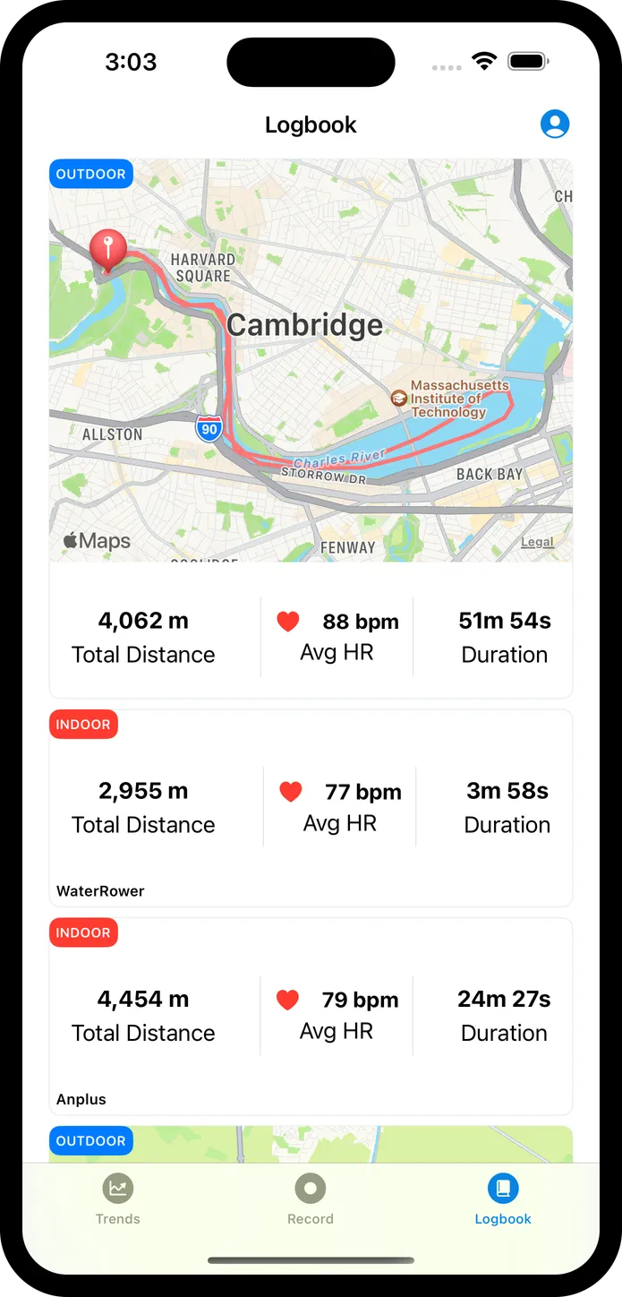 A image showing the rowing logbook available in the oxun rowing app