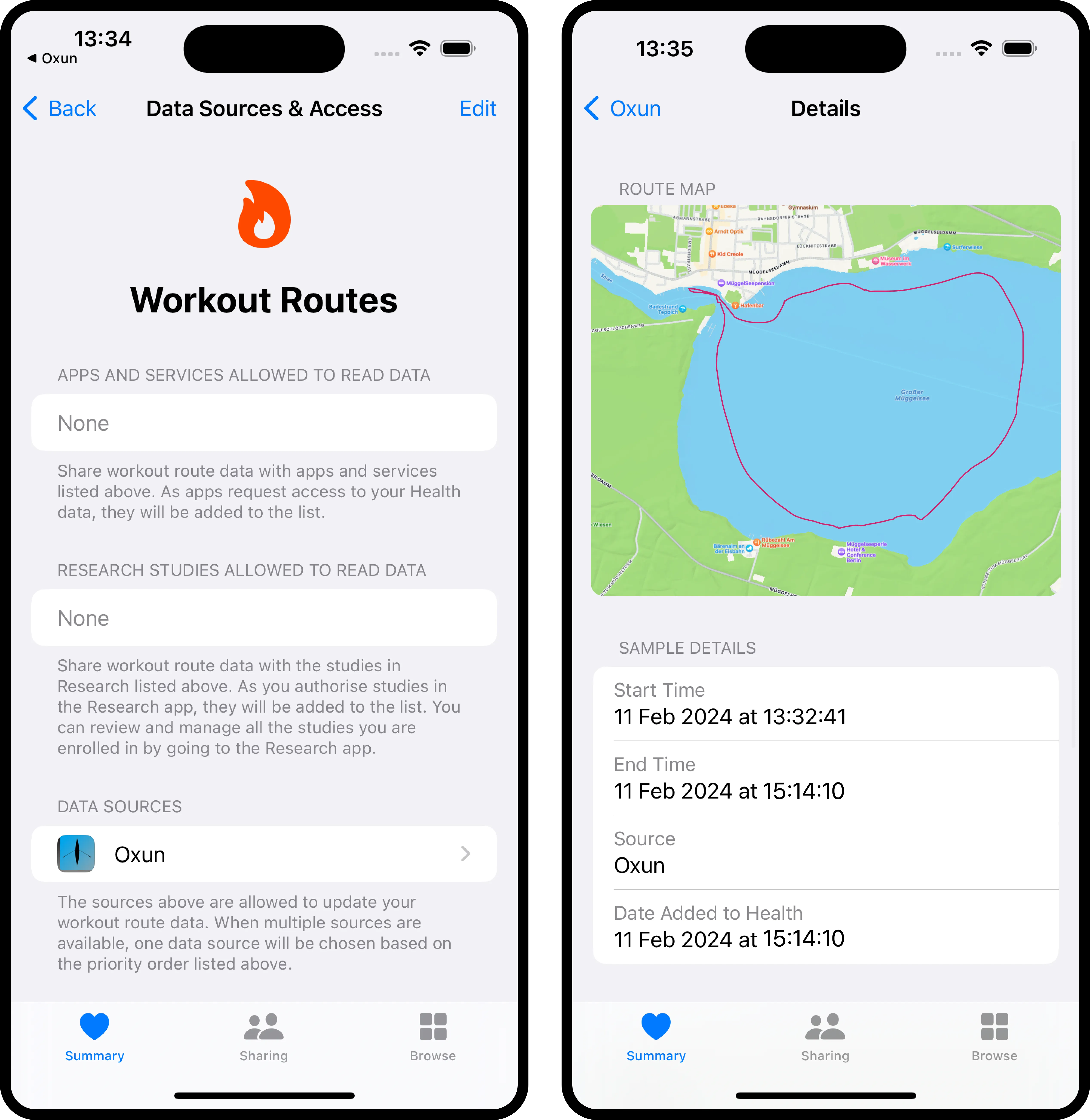 A screenshot of a user's outdoor rowing workout route along the river spree in Berlin, Germany, saved to their Apple Health App 