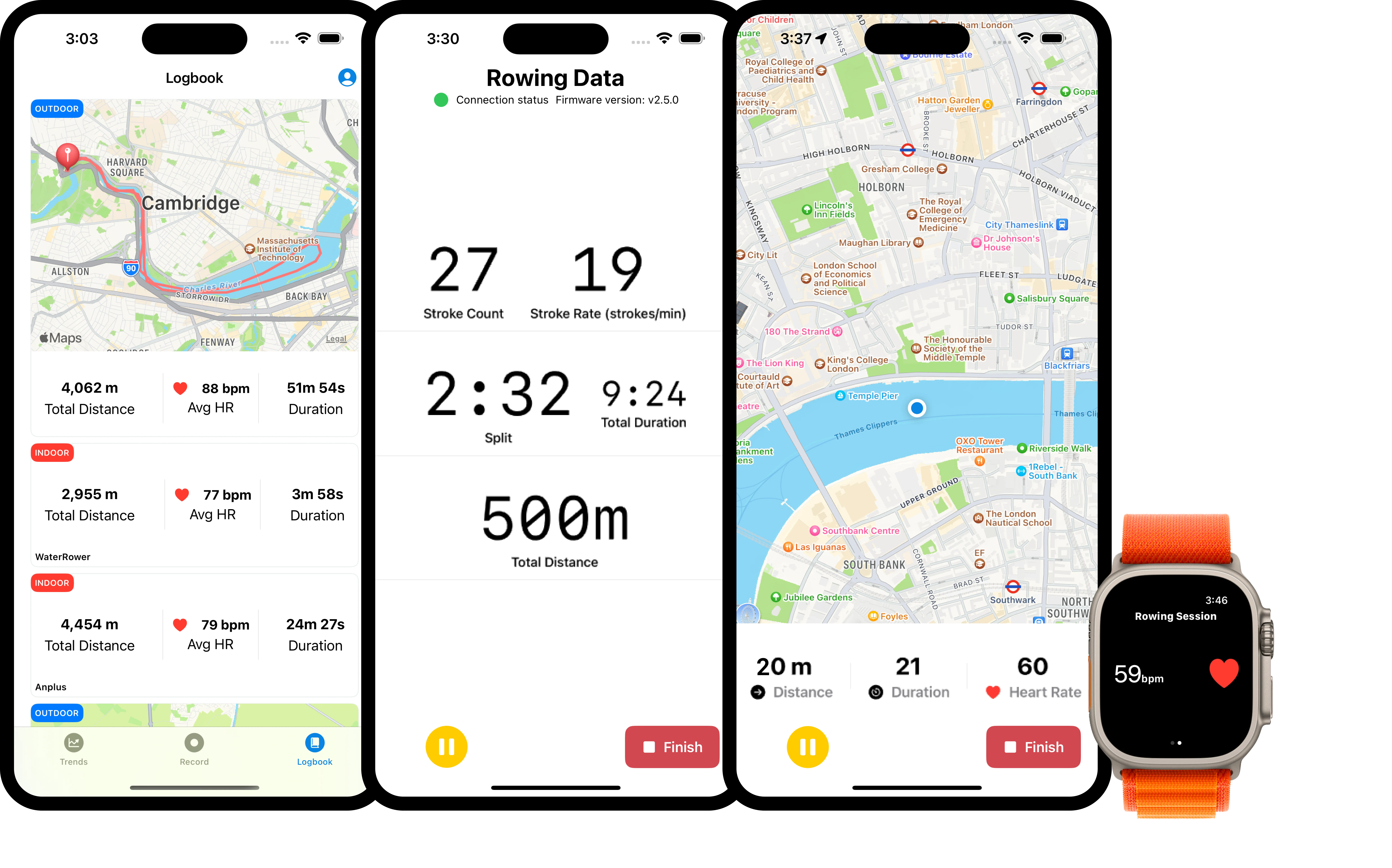 A summary of the features available in the oxun rowing app
